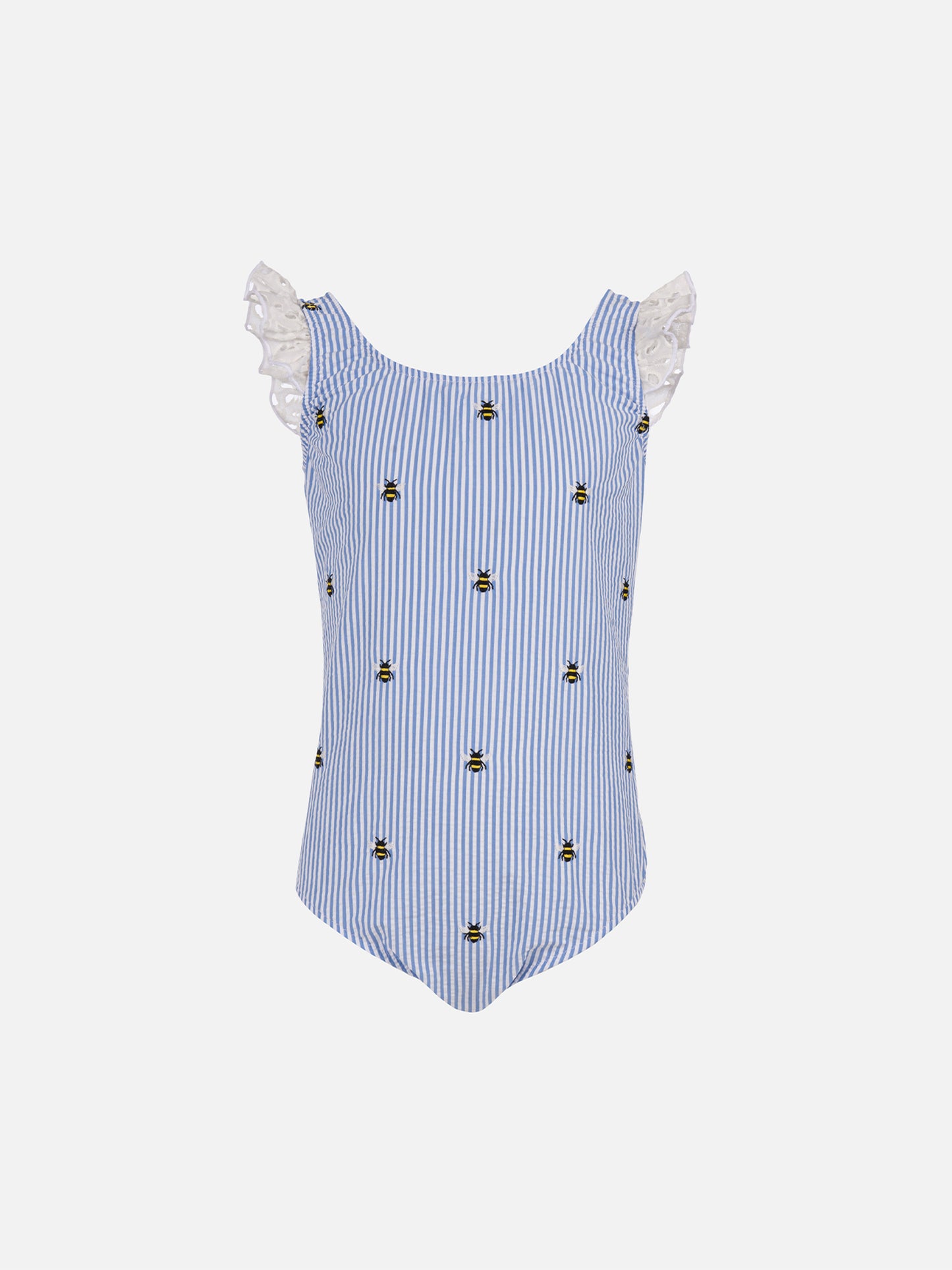 Girl seersucker cotton one piece swimsuit Tilda with ruffled straps - MC2 Saint Barth