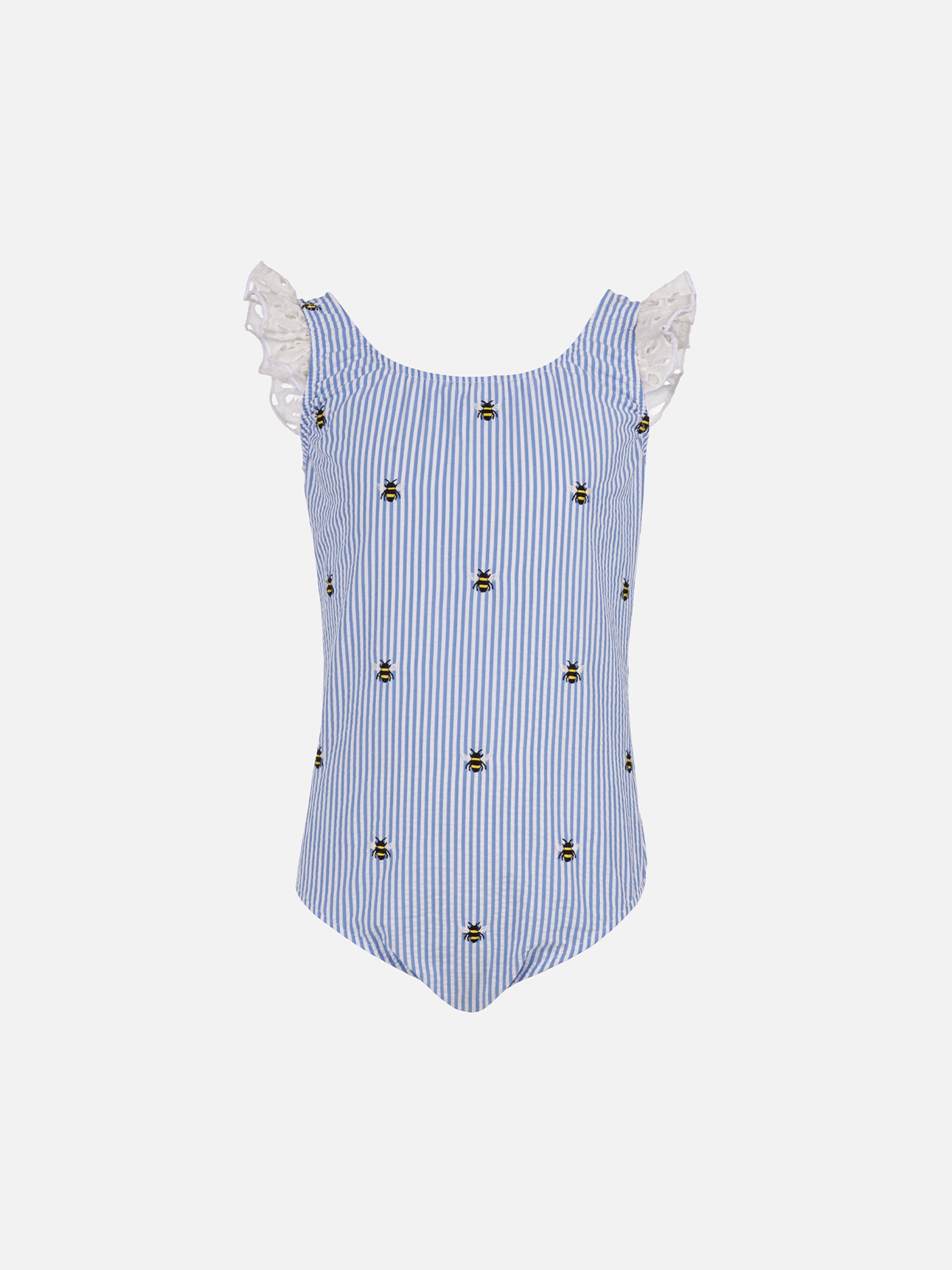 Girl seersucker cotton one piece swimsuit Tilda with ruffled straps - MC2 Saint Barth