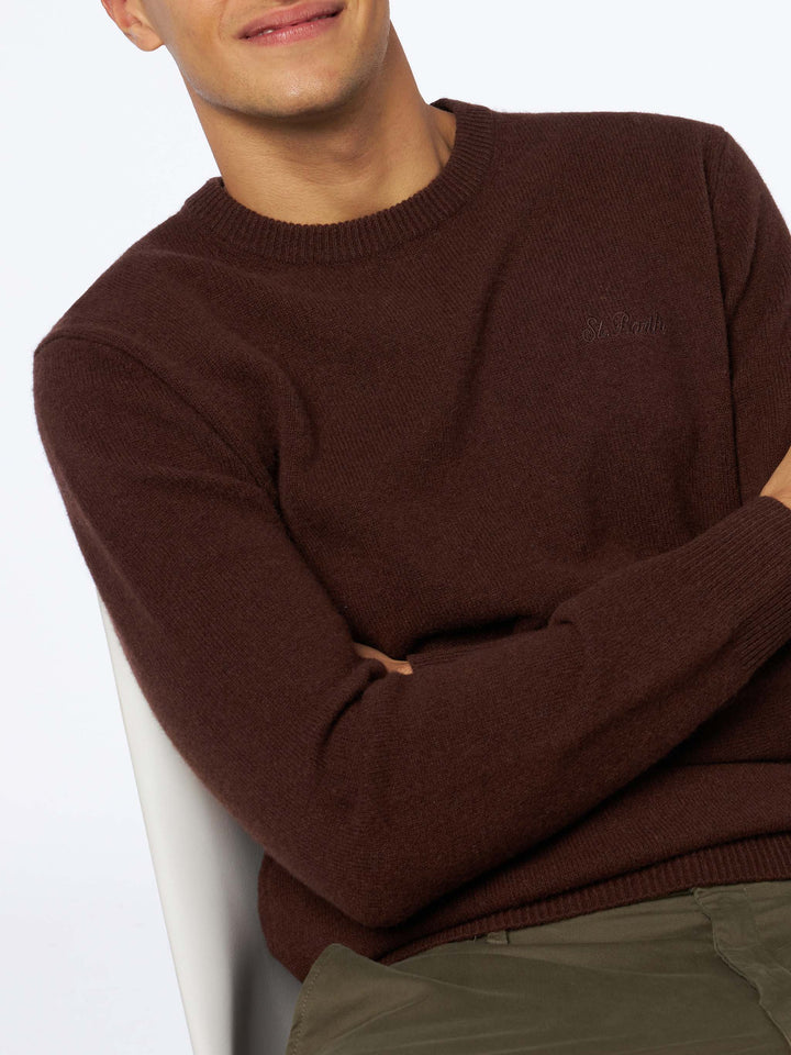 Man crewneck brown lambswool sweater with St. Barth embroidery - MC2 Saint Barth