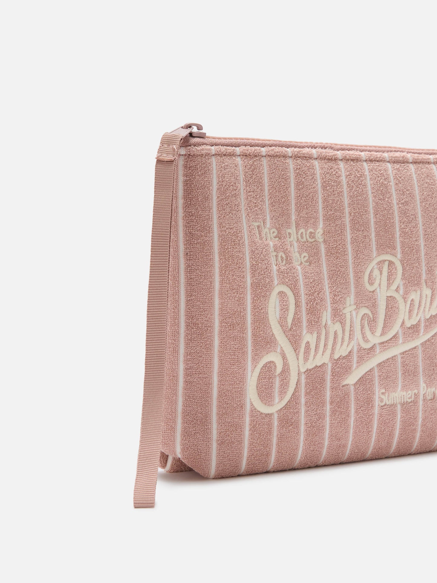 Aline terry-effect light pink pouch with embossed striped pattern