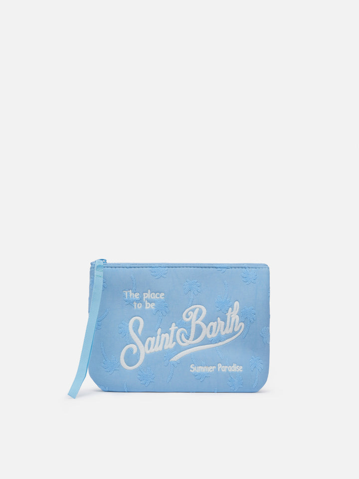 Aline hellblaue Frottee-Pochette mit Palmenprägung