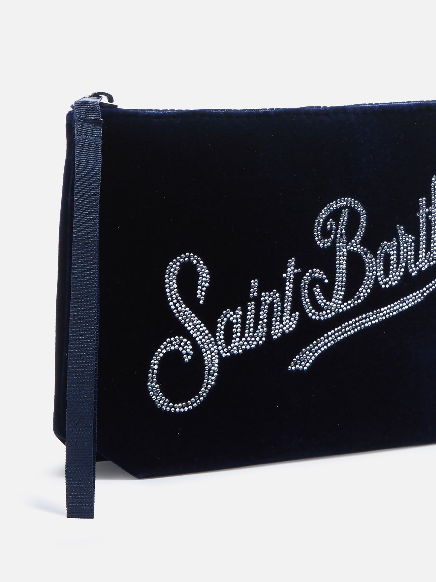 Pochette Aline in scuba effetto velluto blu con logo strass
