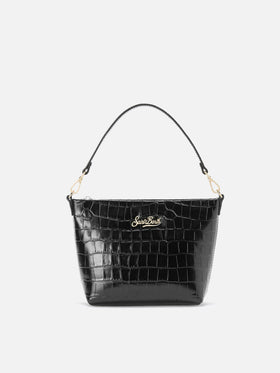 Aline Shoulder Bag in crocodile-print black leather
