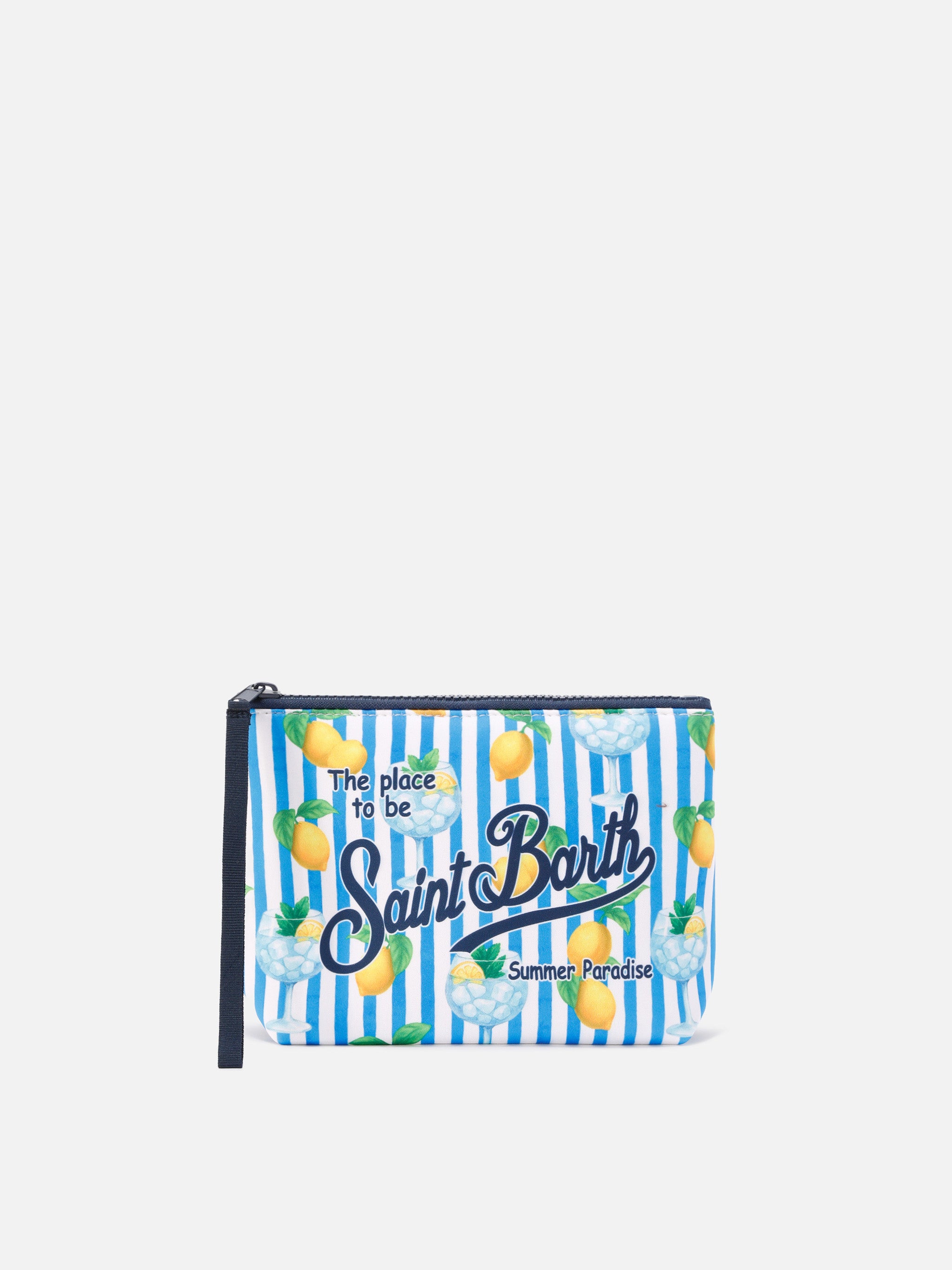 Aline scuba pouch with blue striped lemon and Gin Tonic print