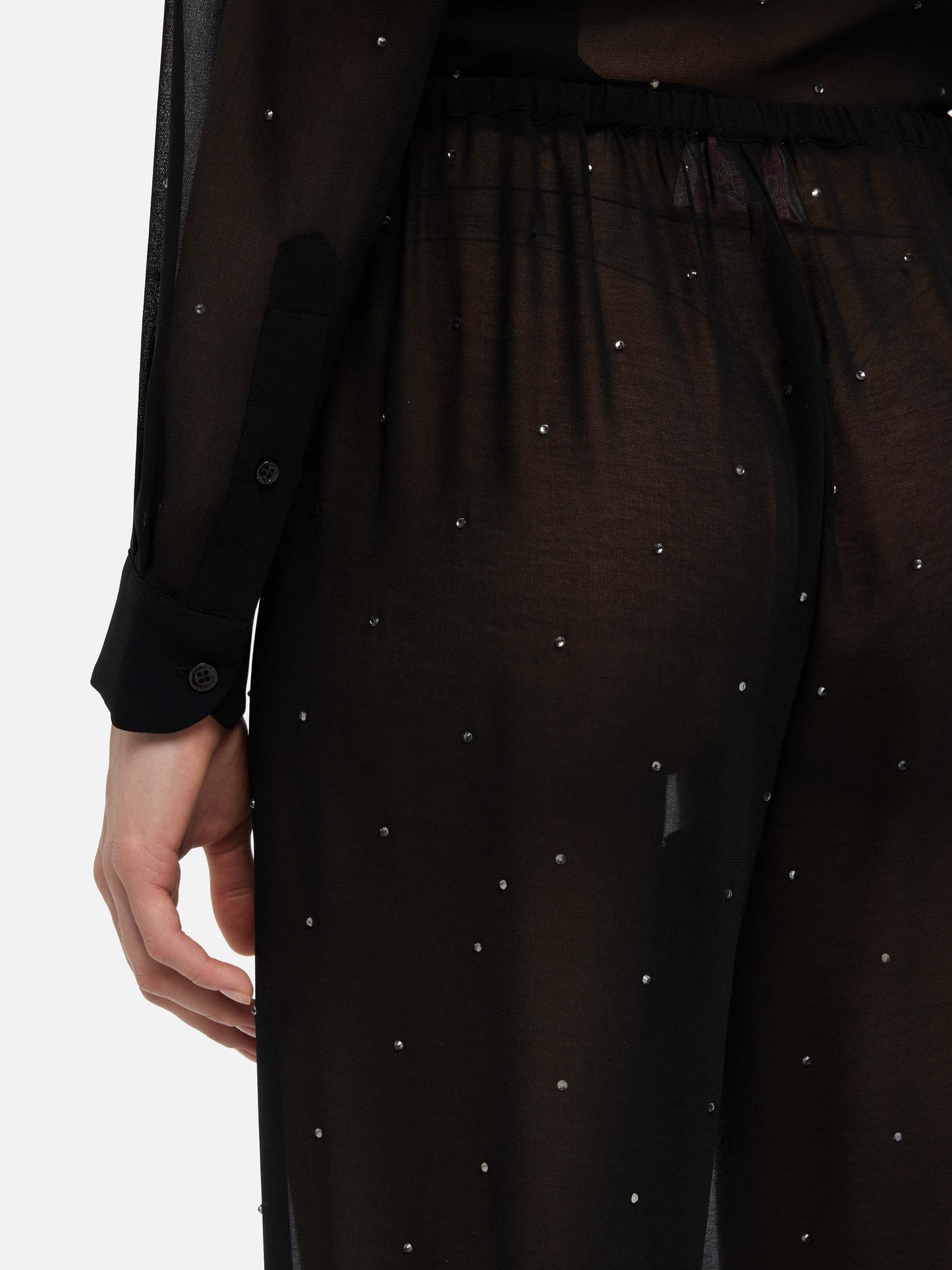 Amalia black wide-leg georgette trousers with rhinestone embellishment - MC2 Saint Barth