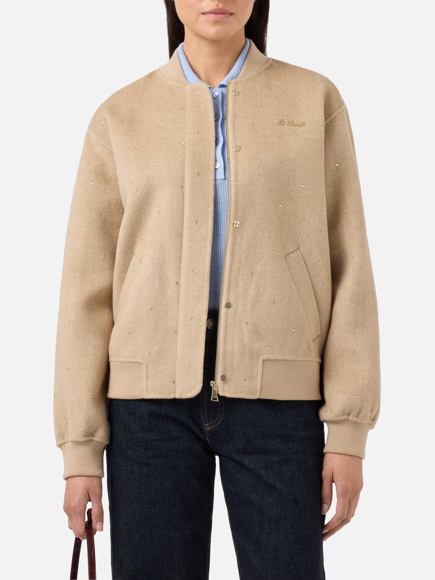 Bomber Adrien in tessuto double a spina di pesce con strass