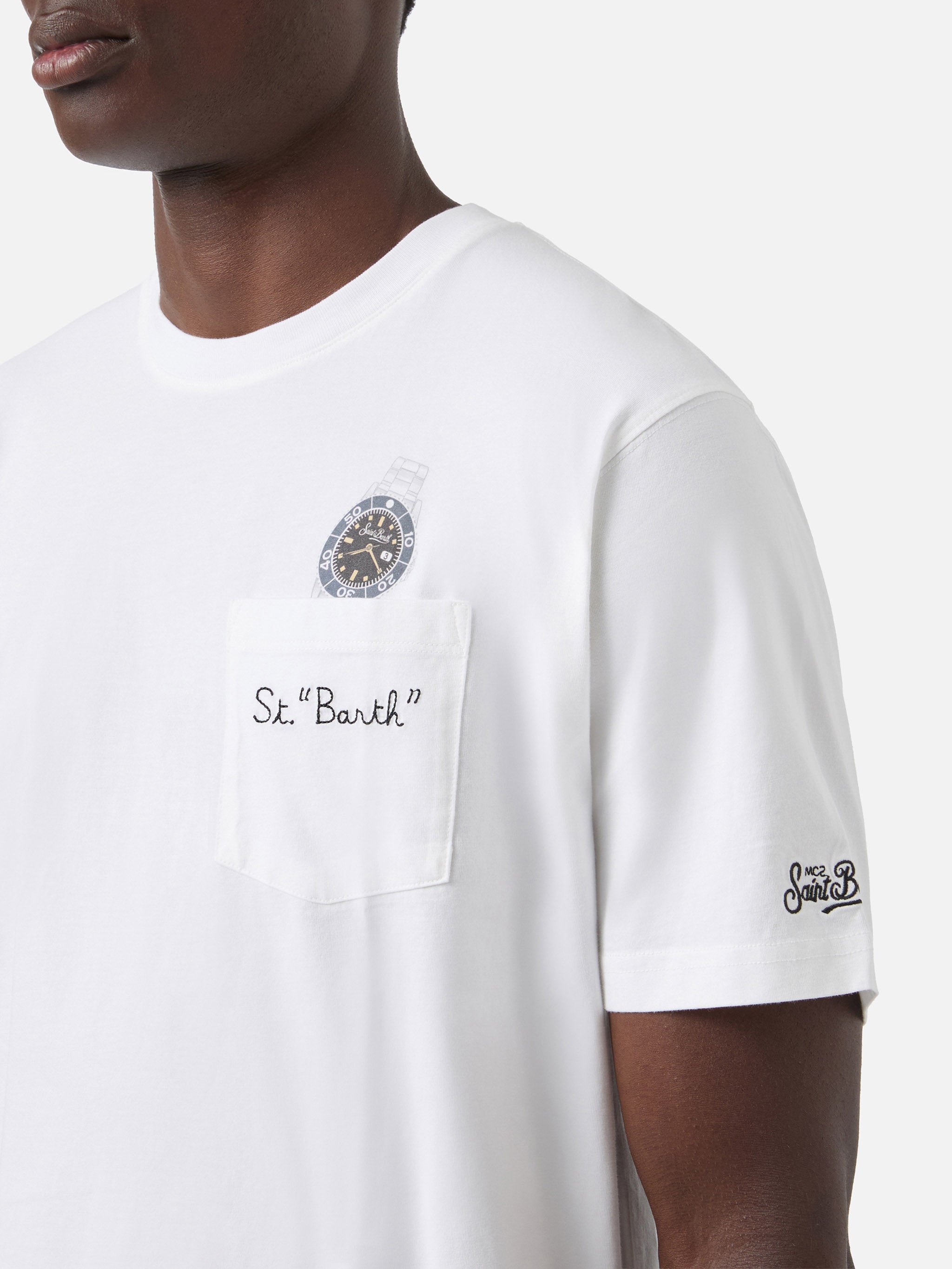 White Austin t-shirt with watch and St. Bart embroidery – MC2
