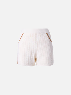 Azure cable-knit shorts in pure white wool
