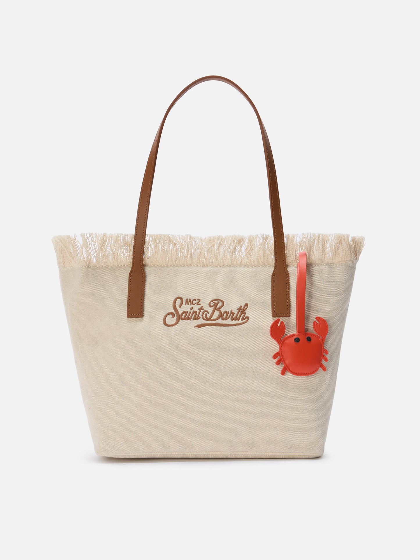 Crab-shaped smooth leather bag charm with logo tag