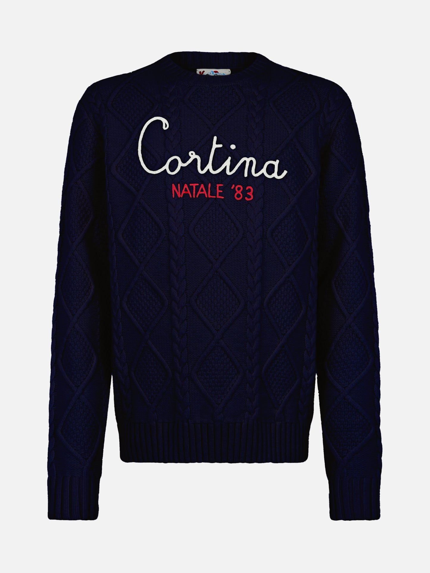 Blue crewneck sweater Bergen Tricot with Cortina Natale '83 embroidery