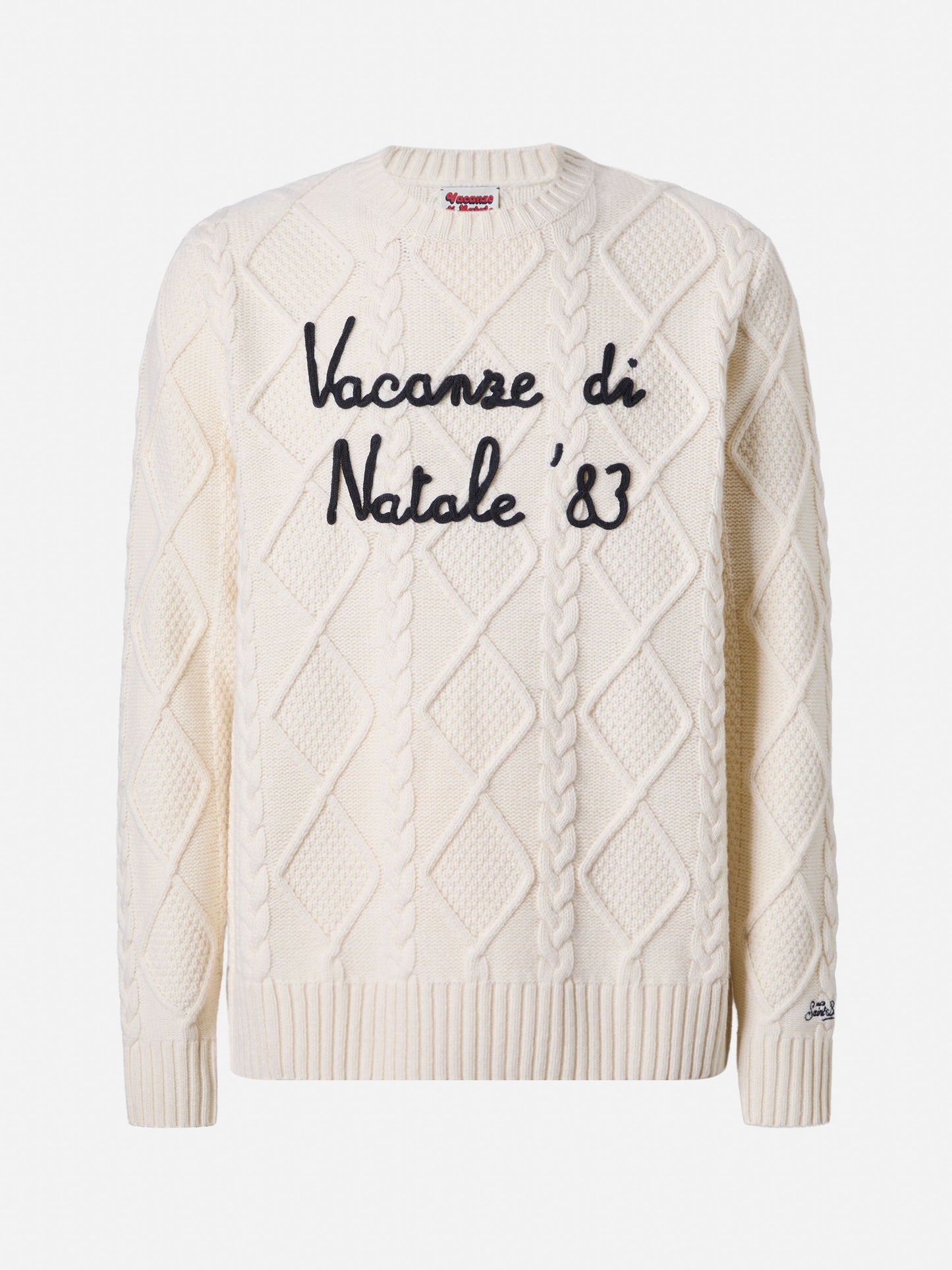 Maglione bianco a girocollo Bergen Tricot con ricamo Vacanze di Natale '83