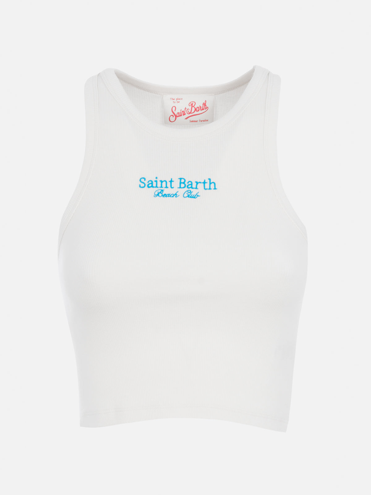 Woman rib-knit cotton crop tank with Saint Barth Beach Club embroidery - MC2 Saint Barth