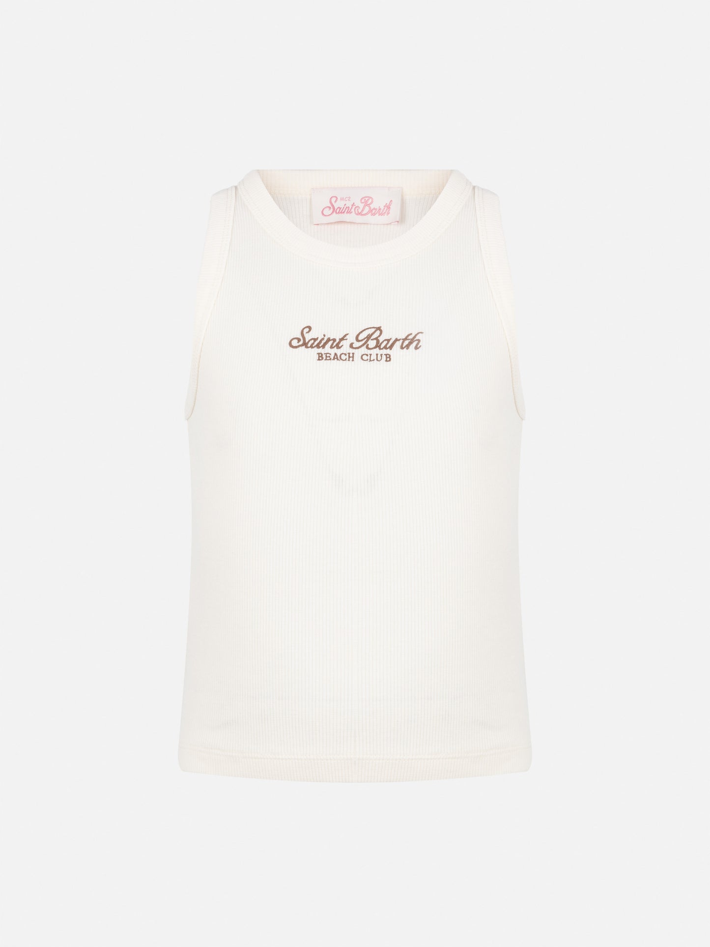 Blue Jr off-white rib-knit cotton crop tank with embroidery - MC2 Saint Barth