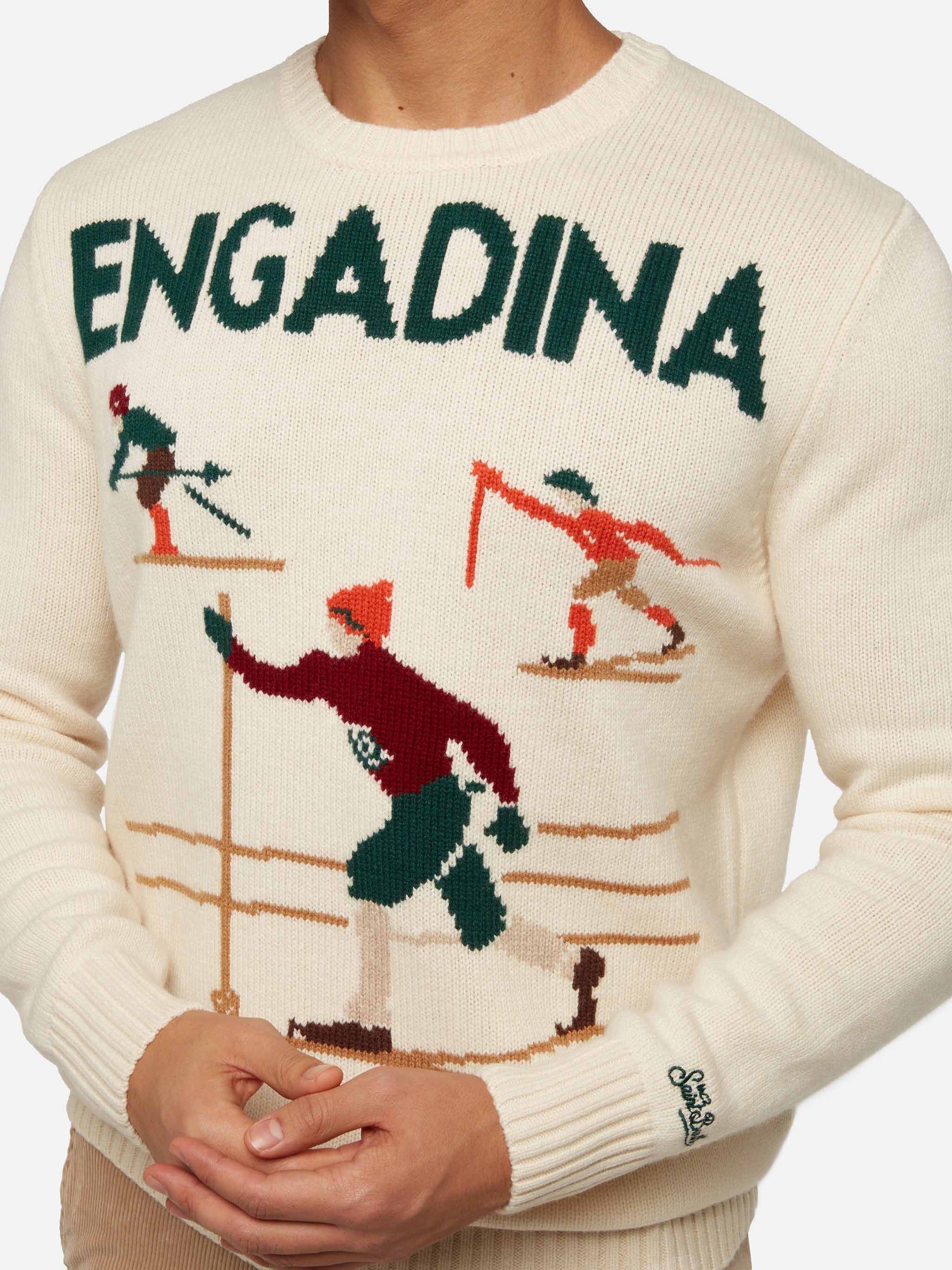 White sweater Bombardino Light with Engadina skiers jacquard - MC2 Saint Barth