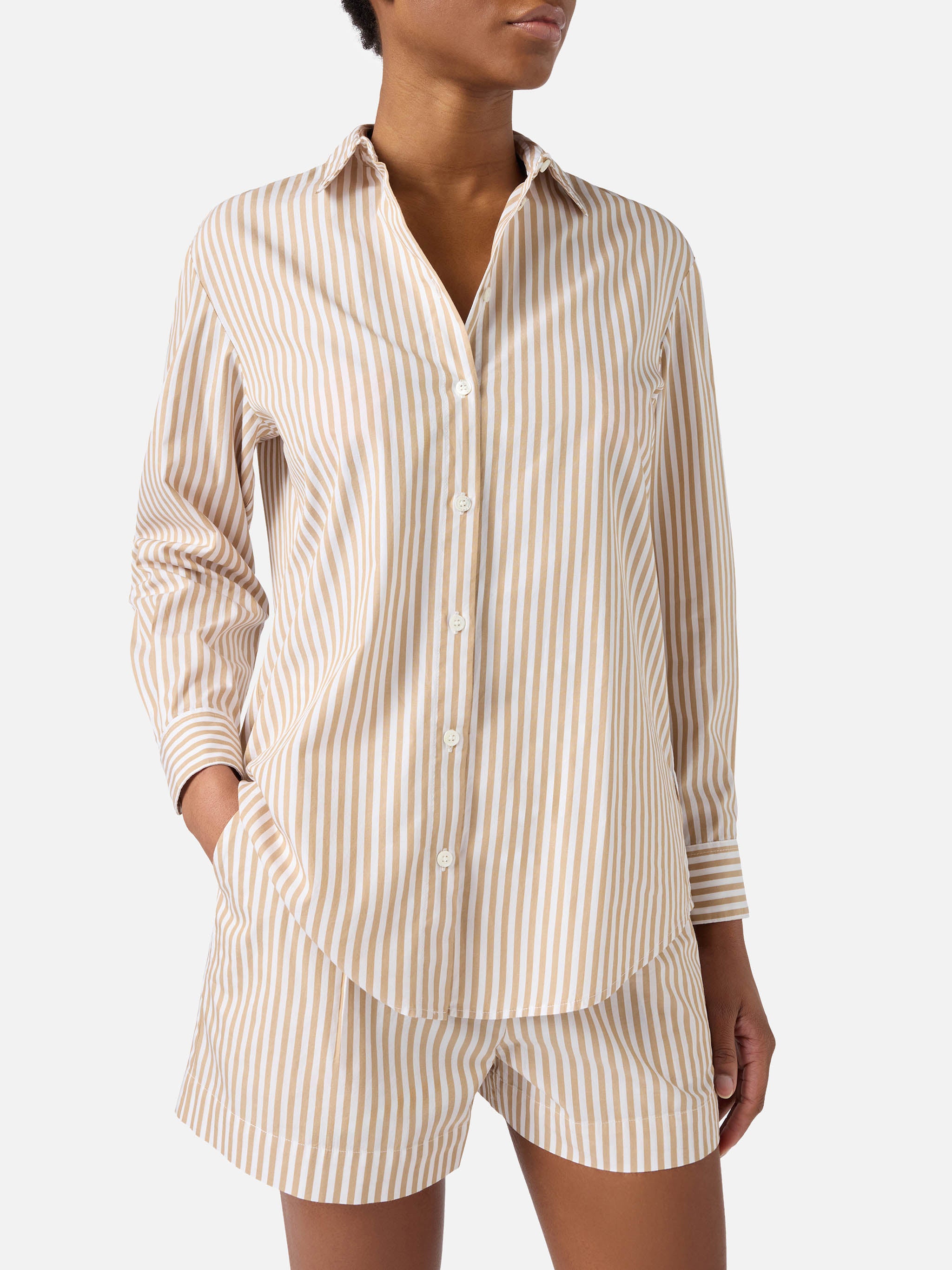 Brigitte cotton shirt with beige stripes and Sport Club embroidery 