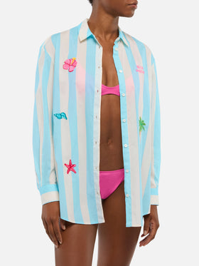 Brigitte striped-print cotton shirt with Ibiza embroidery