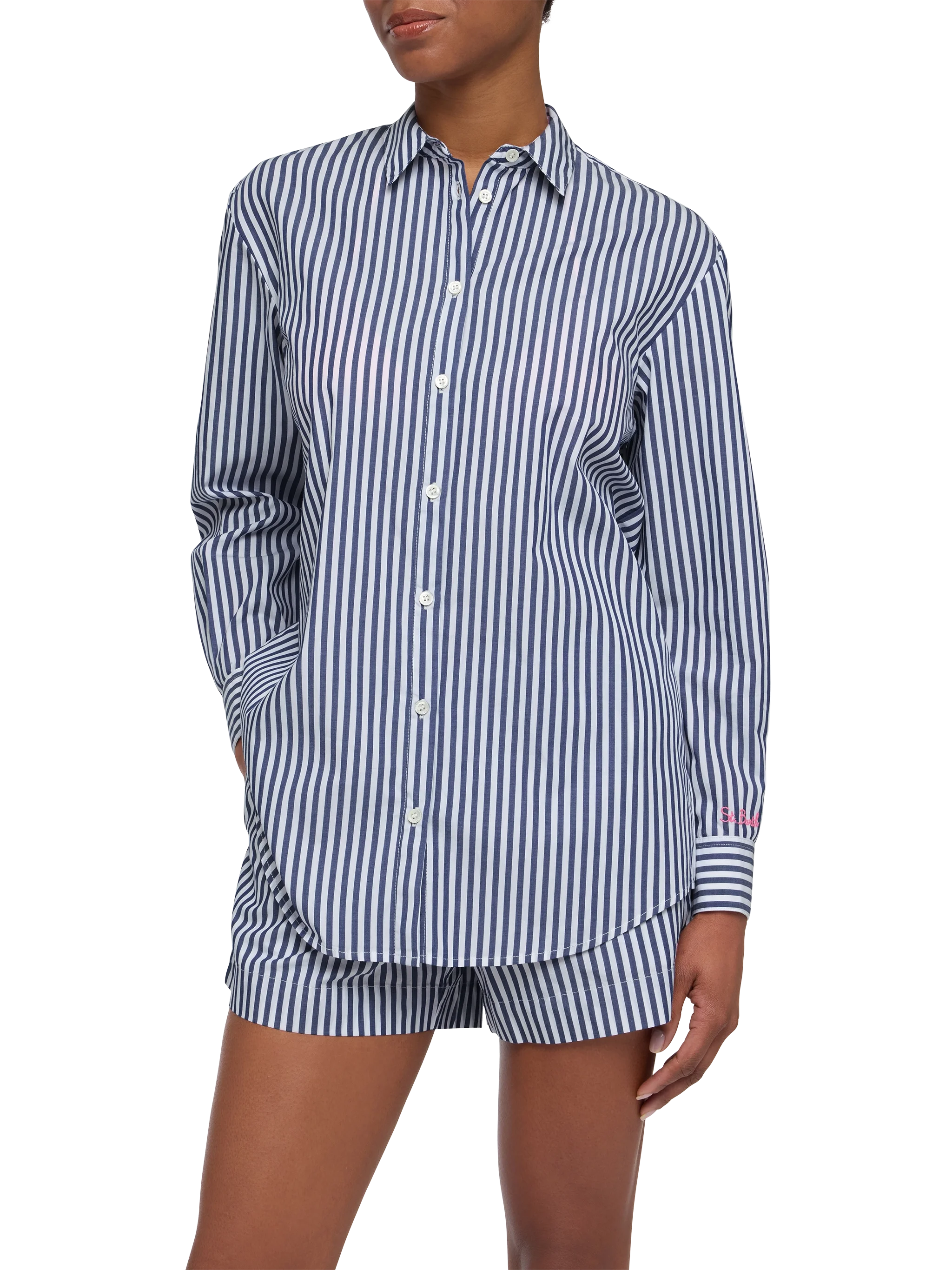 Brigitte striped-print cotton shirt with Saint Barth beach