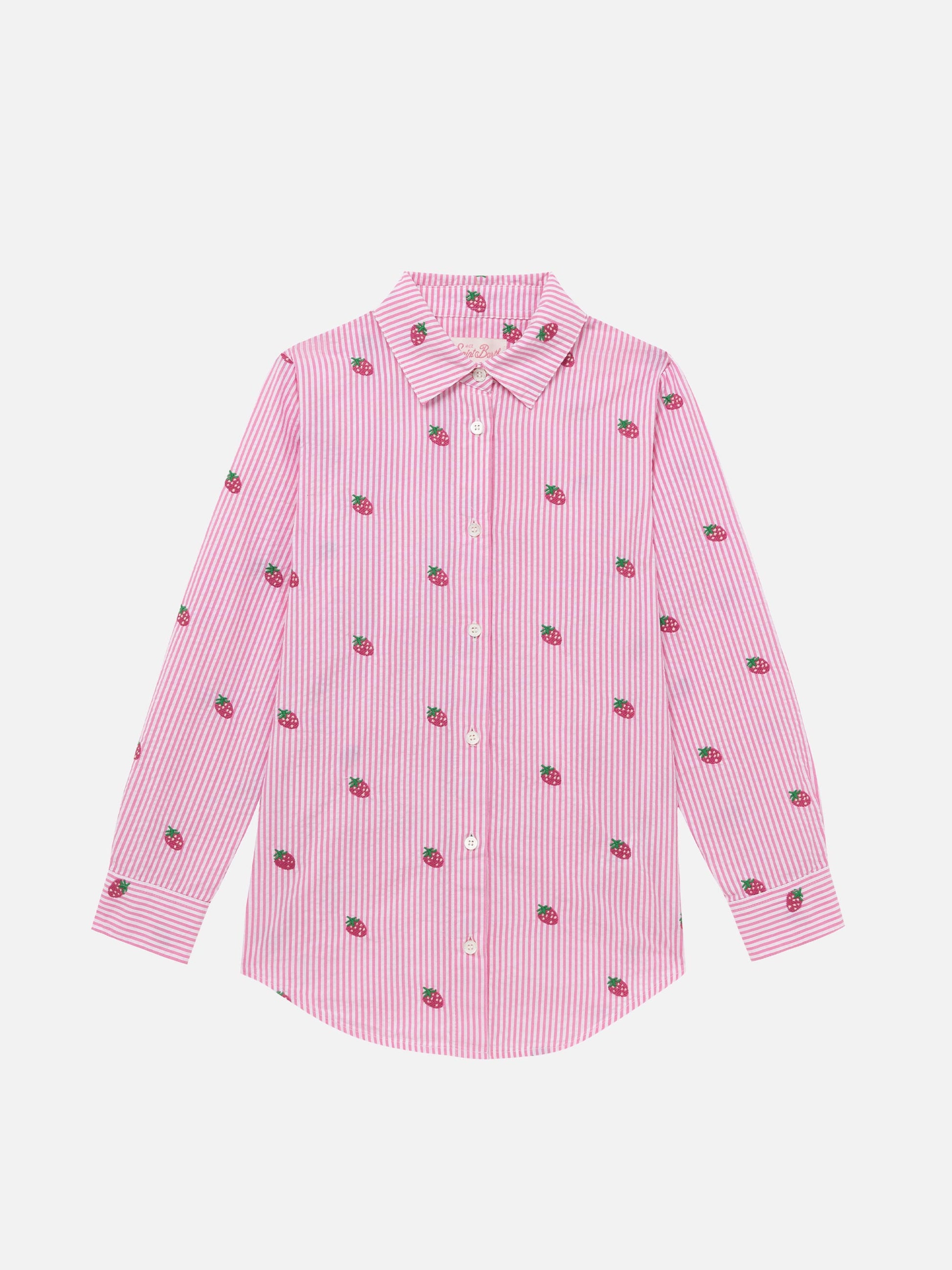 Mini Brigitte pink striped seersucker shirt with strawberry embroidery - MC2 Saint Barth