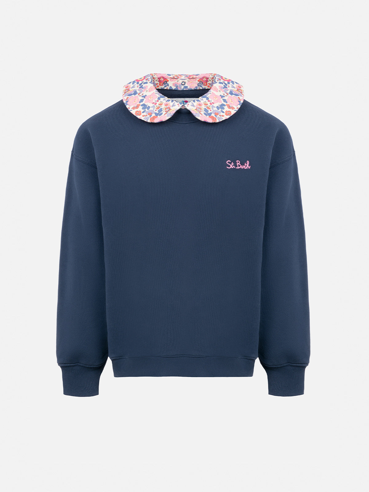 Girl blue crewneck sweatshirt Coleen with a floral collar - MC2 Saint Barth