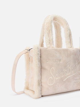 Colette Shearling Handbag in faux suede ice with shearling details