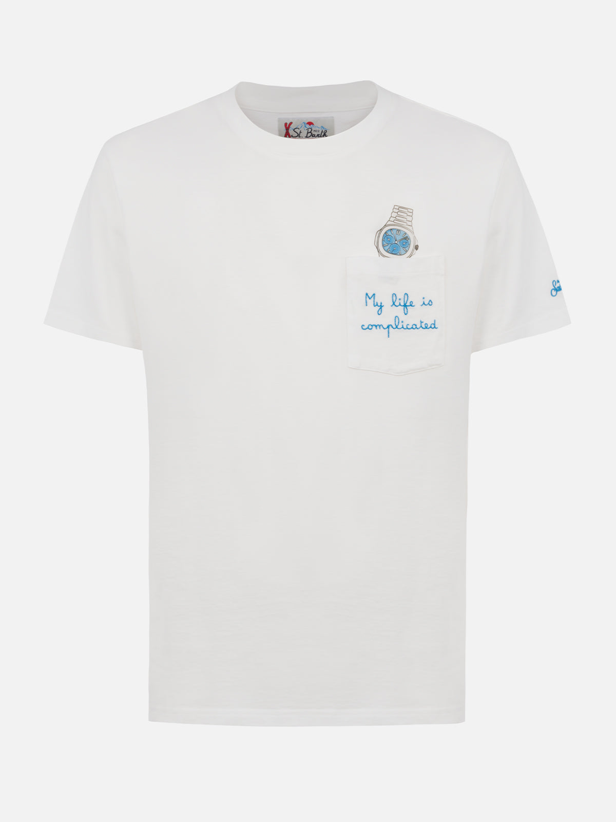 Man white cotton t-shirt Connor with My Life is Complicated embroidery