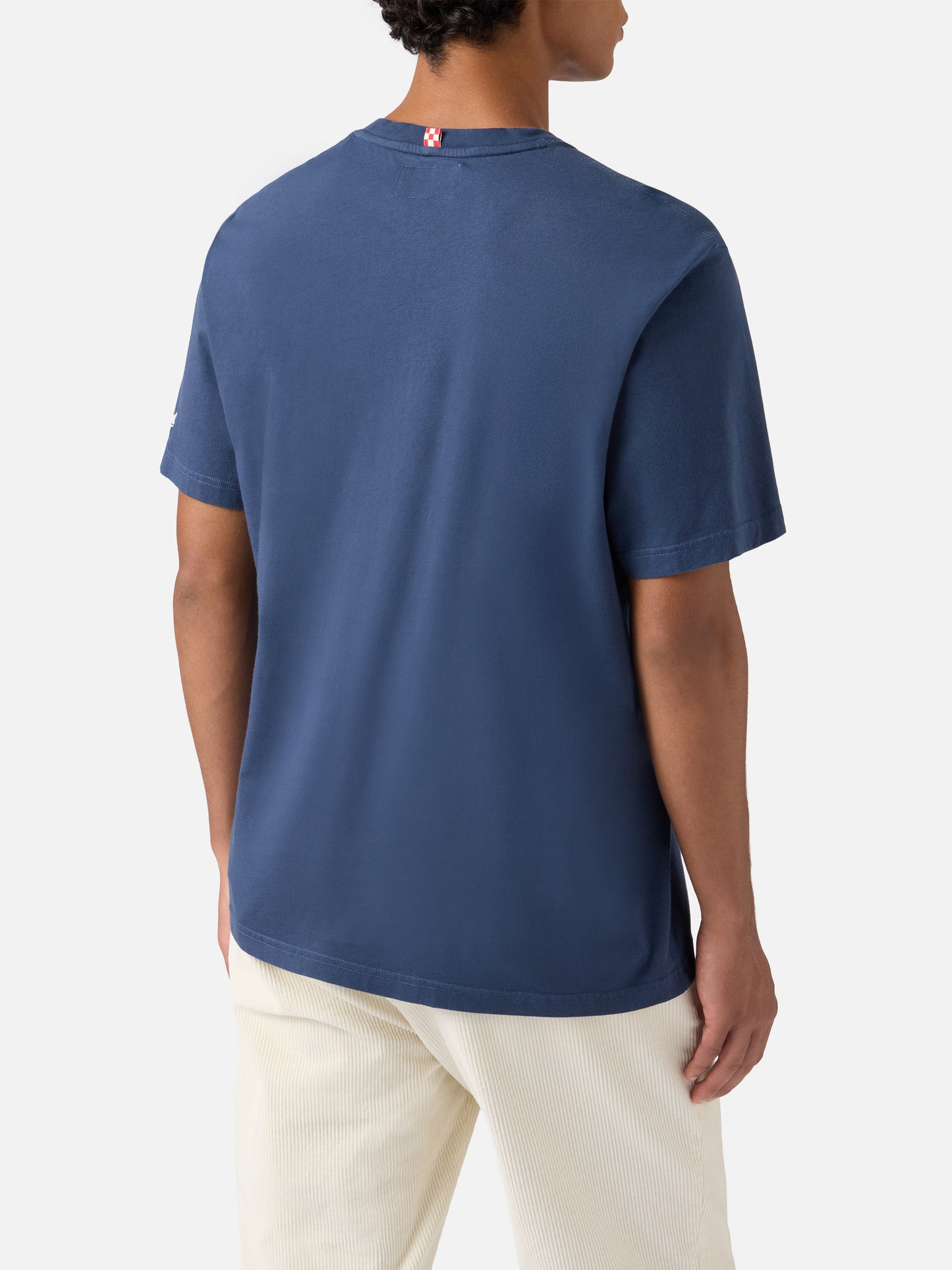 Connor Baumwoll-T-Shirt in Blau mit der Aufschrift „Do you want a cola?“ auf der Brusttasche.