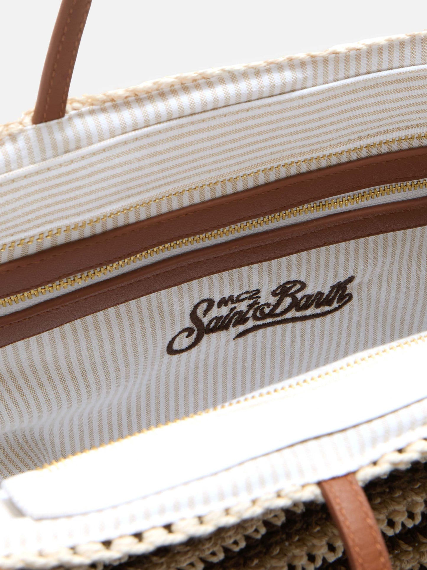 Crochet Tote bag in beige and brown stripes with embroidered logo