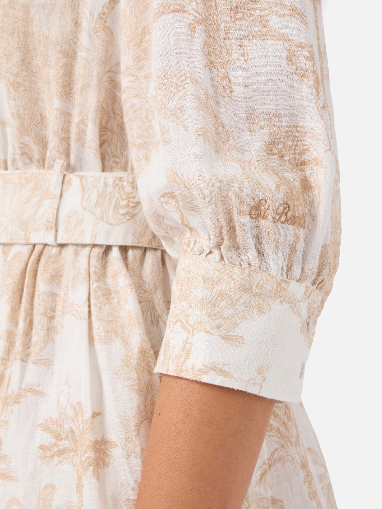 Abito Daisi in lino con stampa toile de jouy in beige