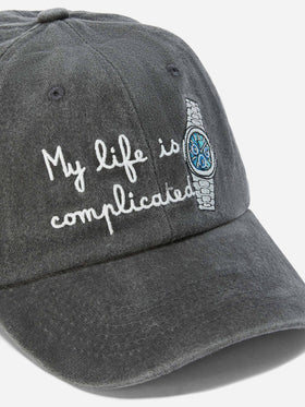 Davis Baseball Cap in denim with “My life is complicated” embroidery