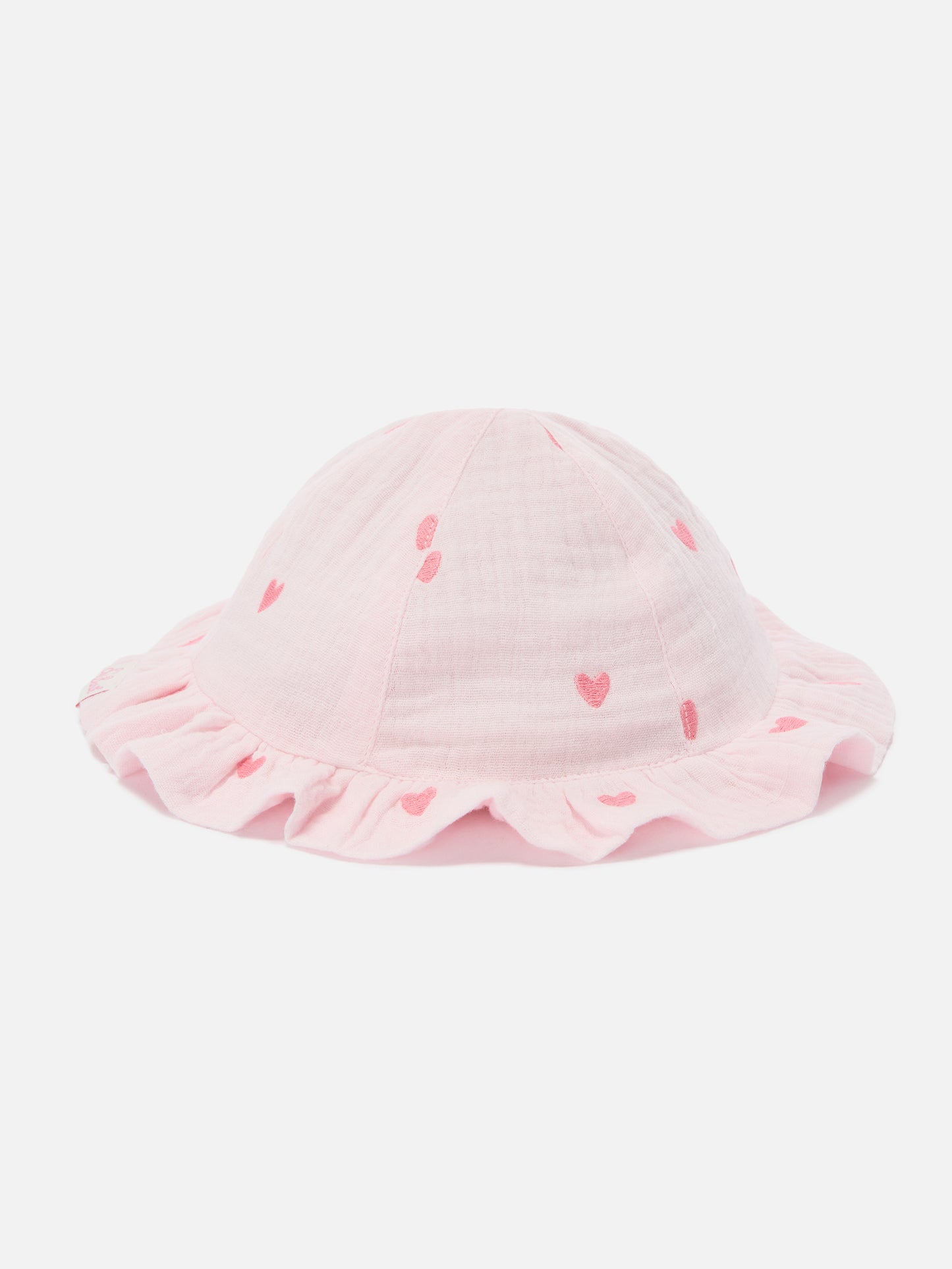 Pink Doremi sun hat with muslin heart embroidery