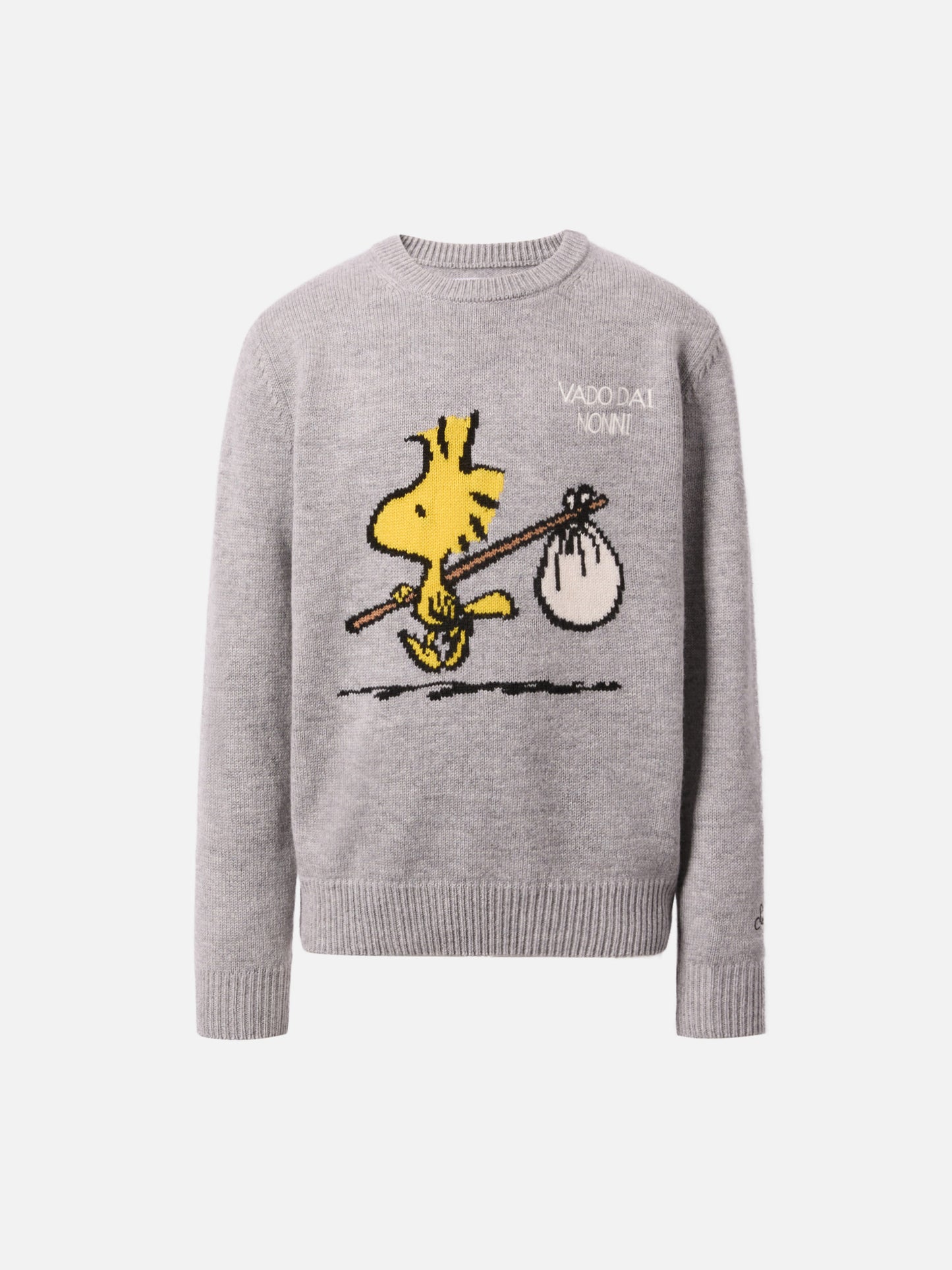 Maglione Douglas in misto cashmere con stampa Woodstock e ricamo Vado dai Nonni | PEANUTS SPECIAL EDITION