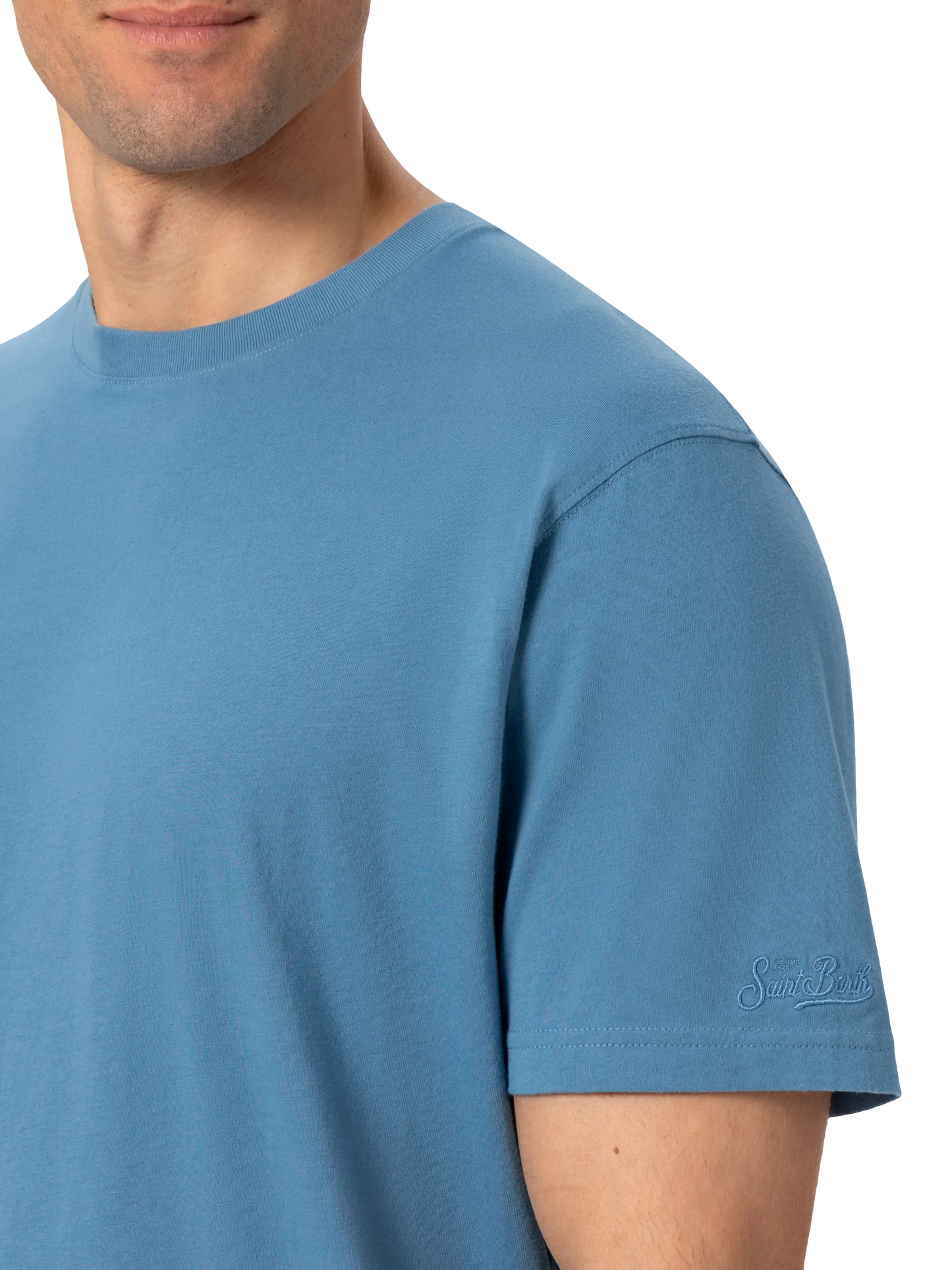 Tshirt Dover in jersey di cotone blu polvere con ricamo St. Barth