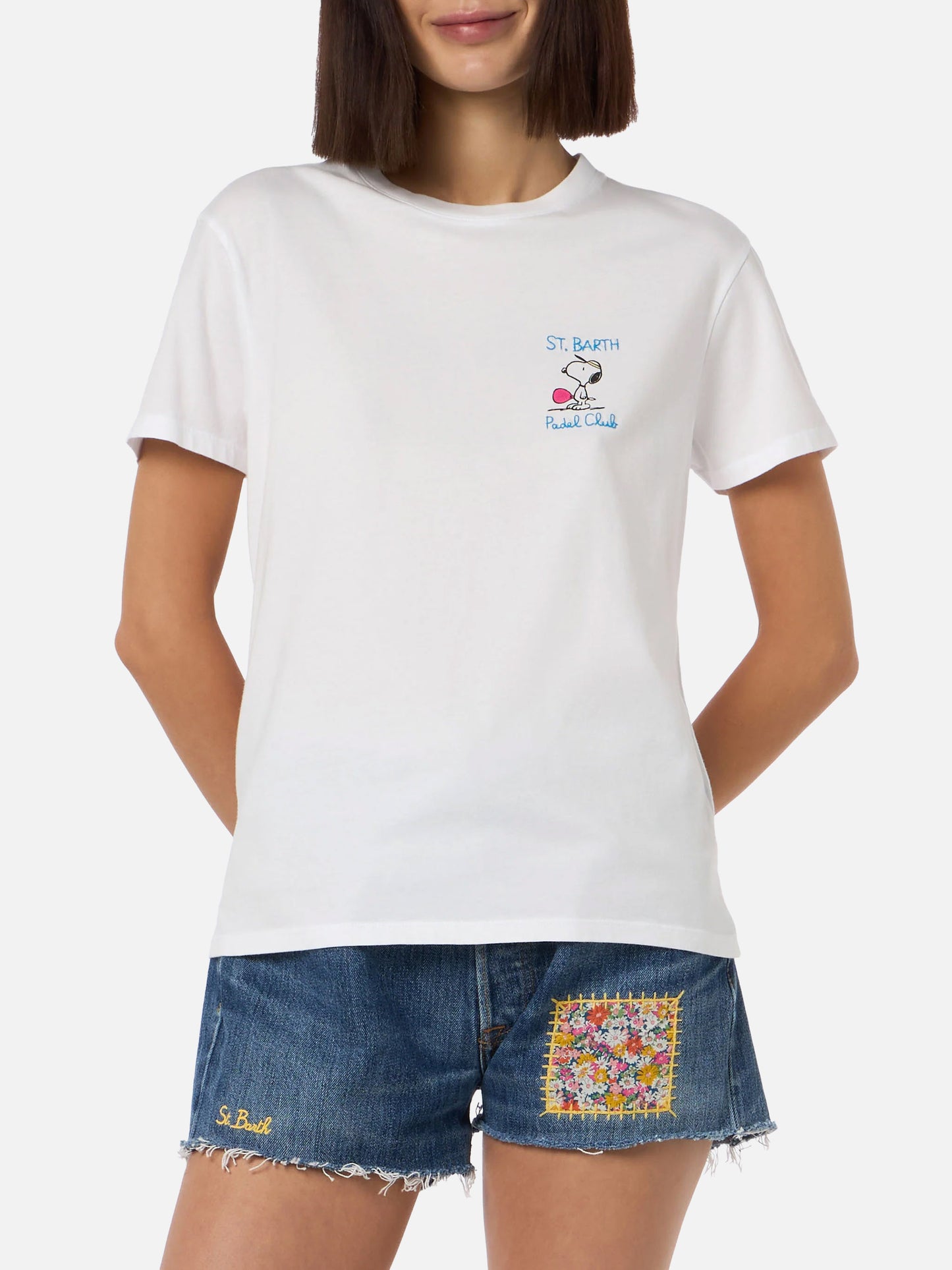 Rosafarbenes Rundhals-T-Shirt Emilie aus Baumwolljersey für Damen mit Snoopy St. Barth Padel Club-Stickerei | SNOOPY PEANUTS SPECIAL EDITION