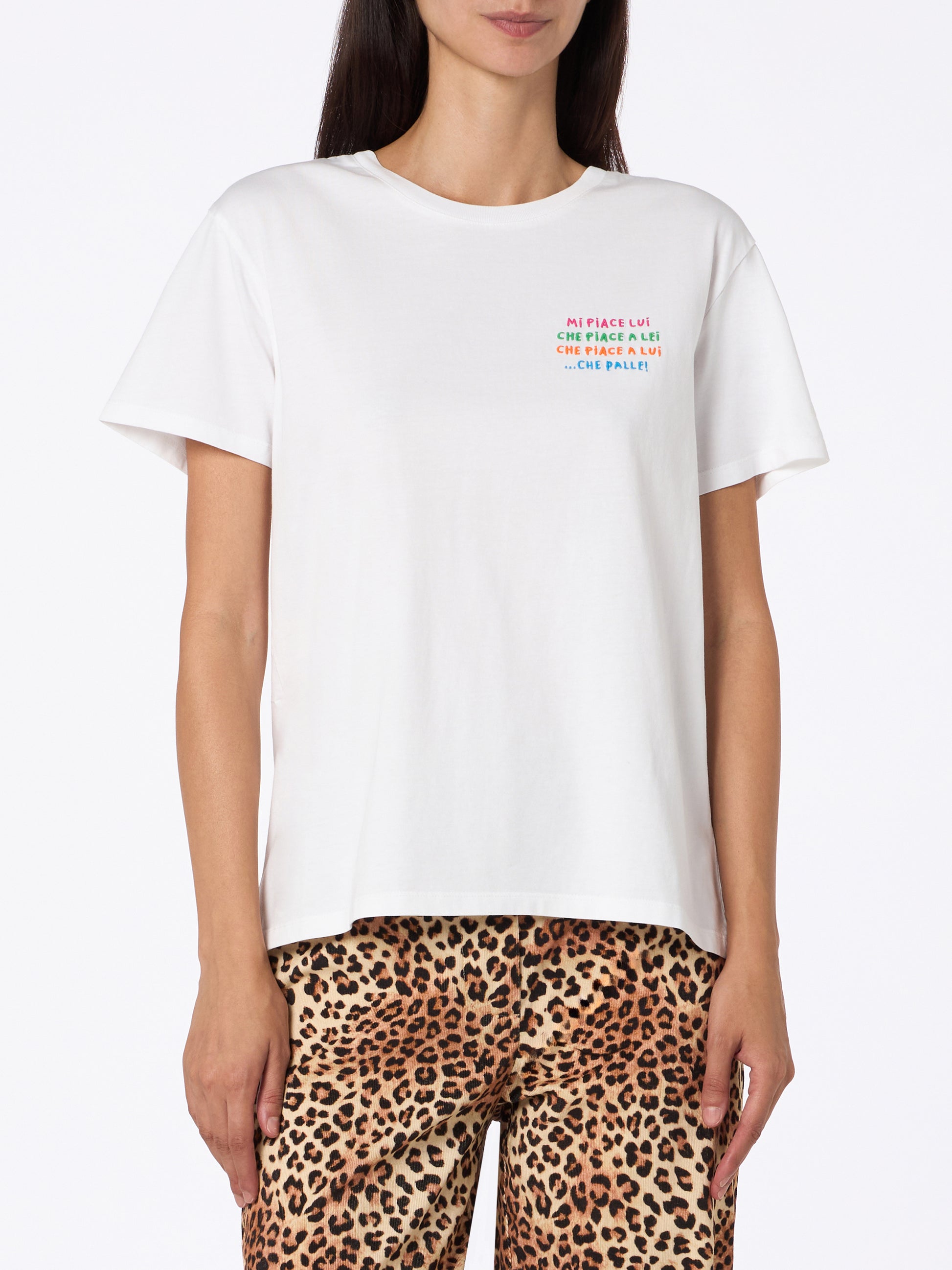 Woman white cotton jersey crewneck t-shirt Emiilie with Mi piace lui... embroidery - MC2 Saint Barth