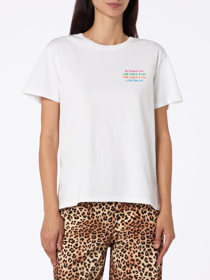 Woman white cotton jersey crewneck t-shirt Emiilie with Mi piace lui... embroidery - MC2 Saint Barth
