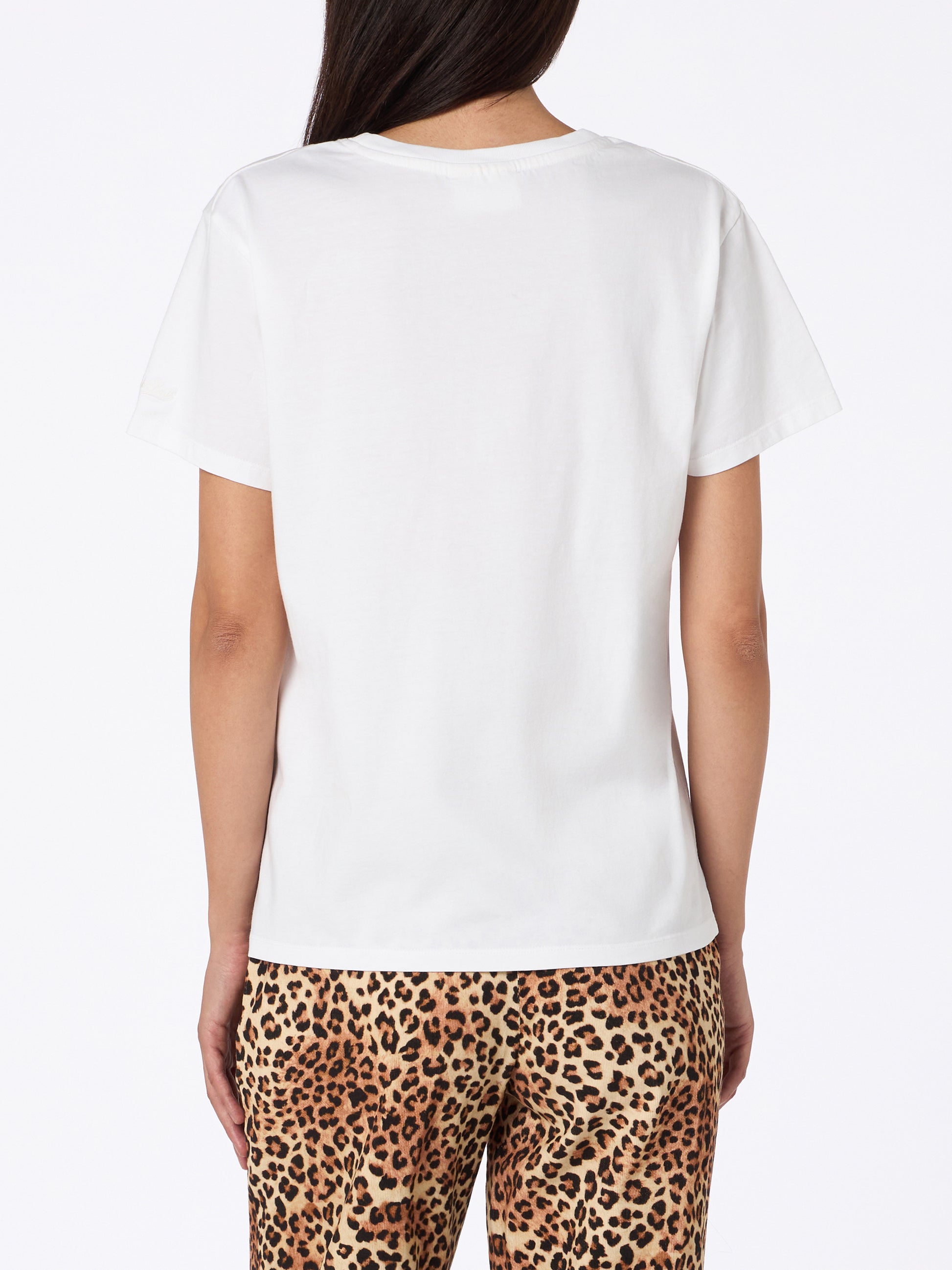 Woman white cotton jersey crewneck t-shirt Emiilie with Mi piace lui... embroidery - MC2 Saint Barth