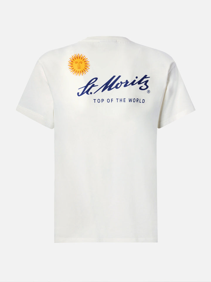Emilie cotton T-shirt in white with St. Moritz print | ST. MORITZ TOP OF THE WORLD SPECIAL EDITION