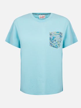 Woman cotton jersey crewneck t-shirt Emilie Joanna Luise patch pocket | MADE WITH LIBERTY FABRIC - MC2 Saint Barth