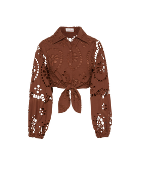 Febe camel brown cotton Sangallo lace shirt - MC2 Saint Barth
