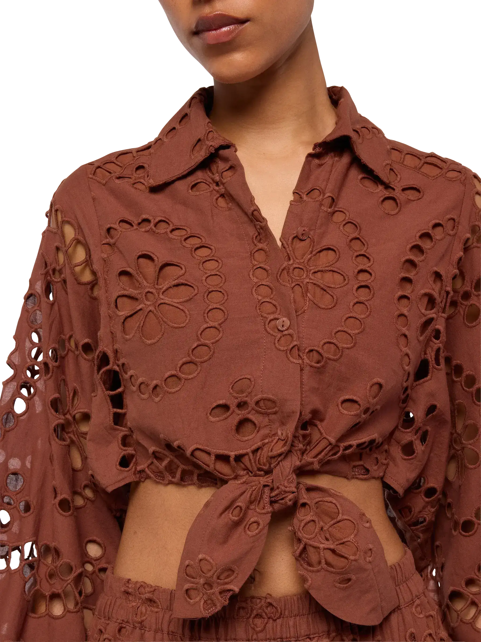 Febe camel brown cotton Sangallo lace shirt - MC2 Saint Barth