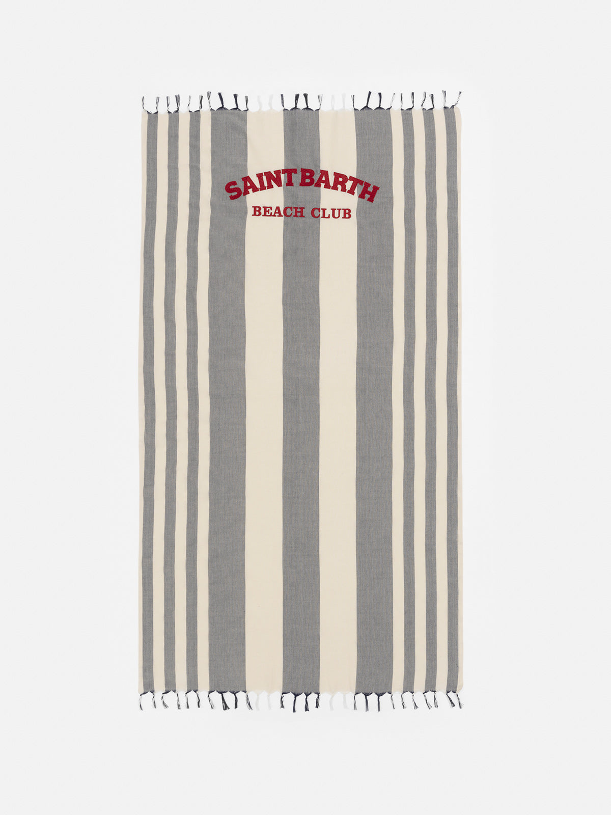 Leichtes Baumwoll-Strandtuch Fouta mit marineblauem Streifendruck und Stickerei