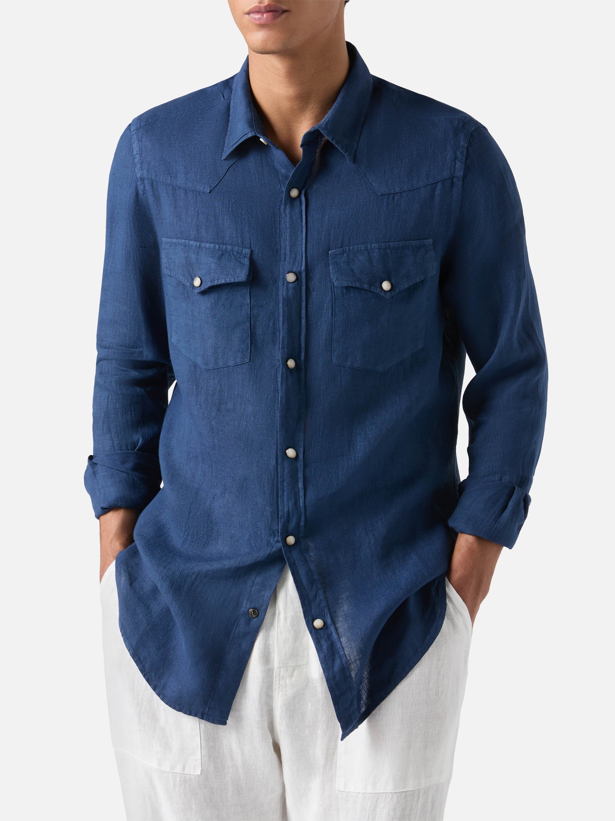 Greg linen denim-effect shirt in navy blue – MC2 Saint Barth