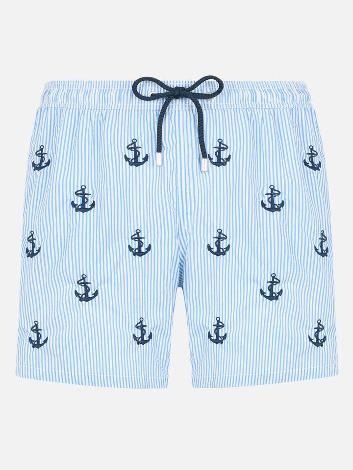 Costume mare classico Gustavia  in seersucker con ricamo ancore