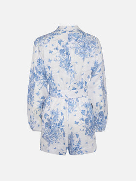 Hanniel linen playsuit with butterfly toile de jouy print