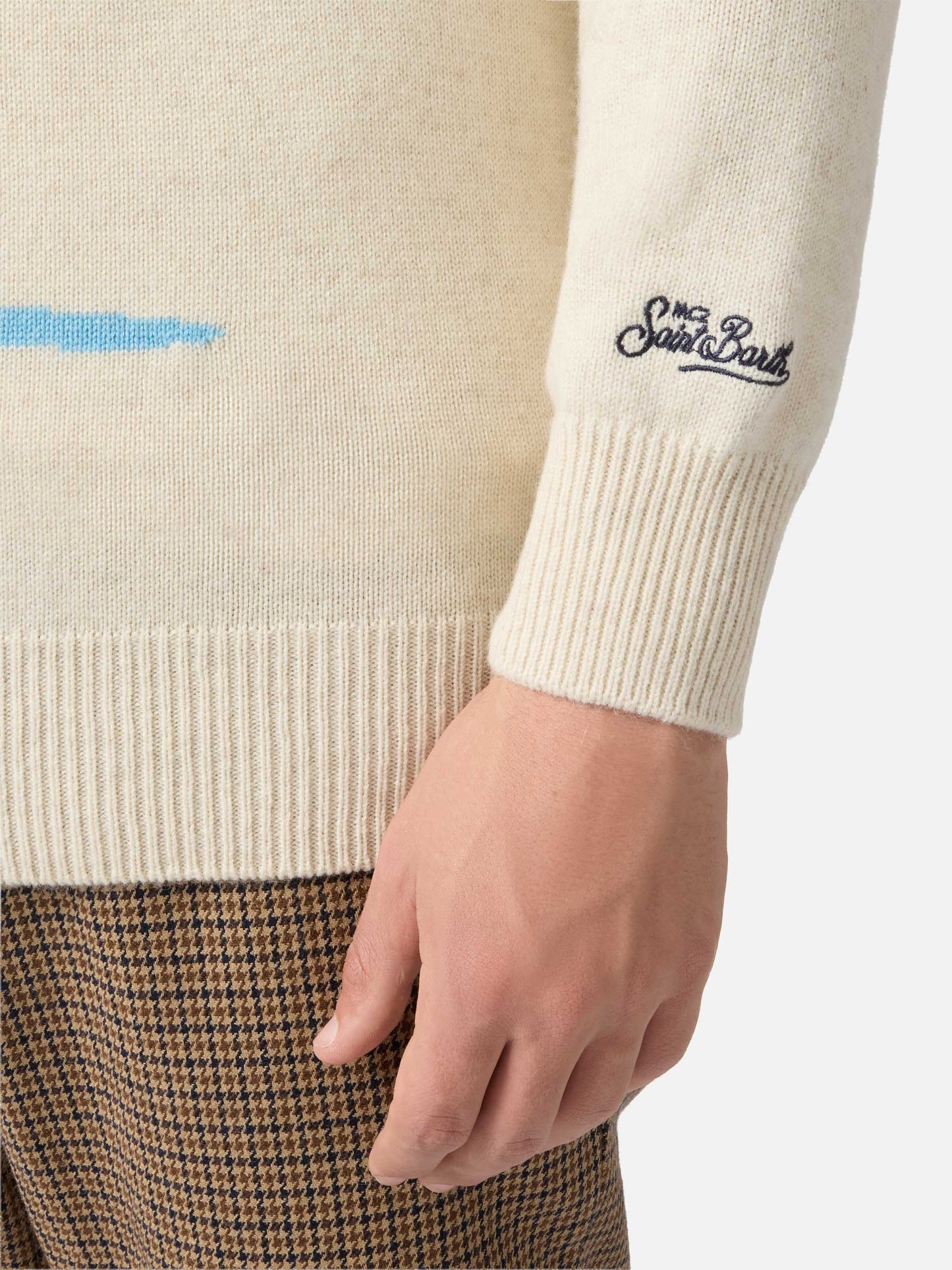 Heron crewneck in beige with Cortina postcard jacquard