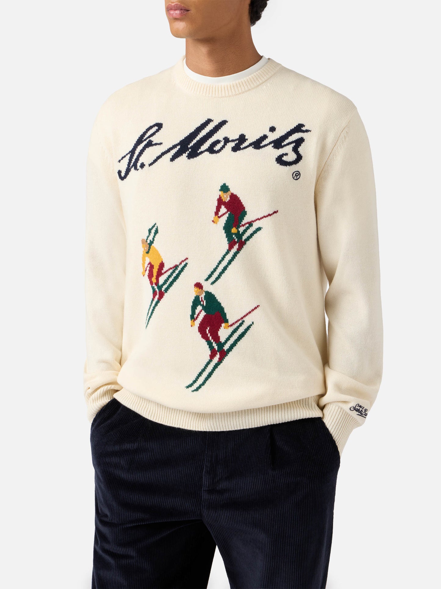 Heron sweater in white with St. Moritz Ski postcard jacquard