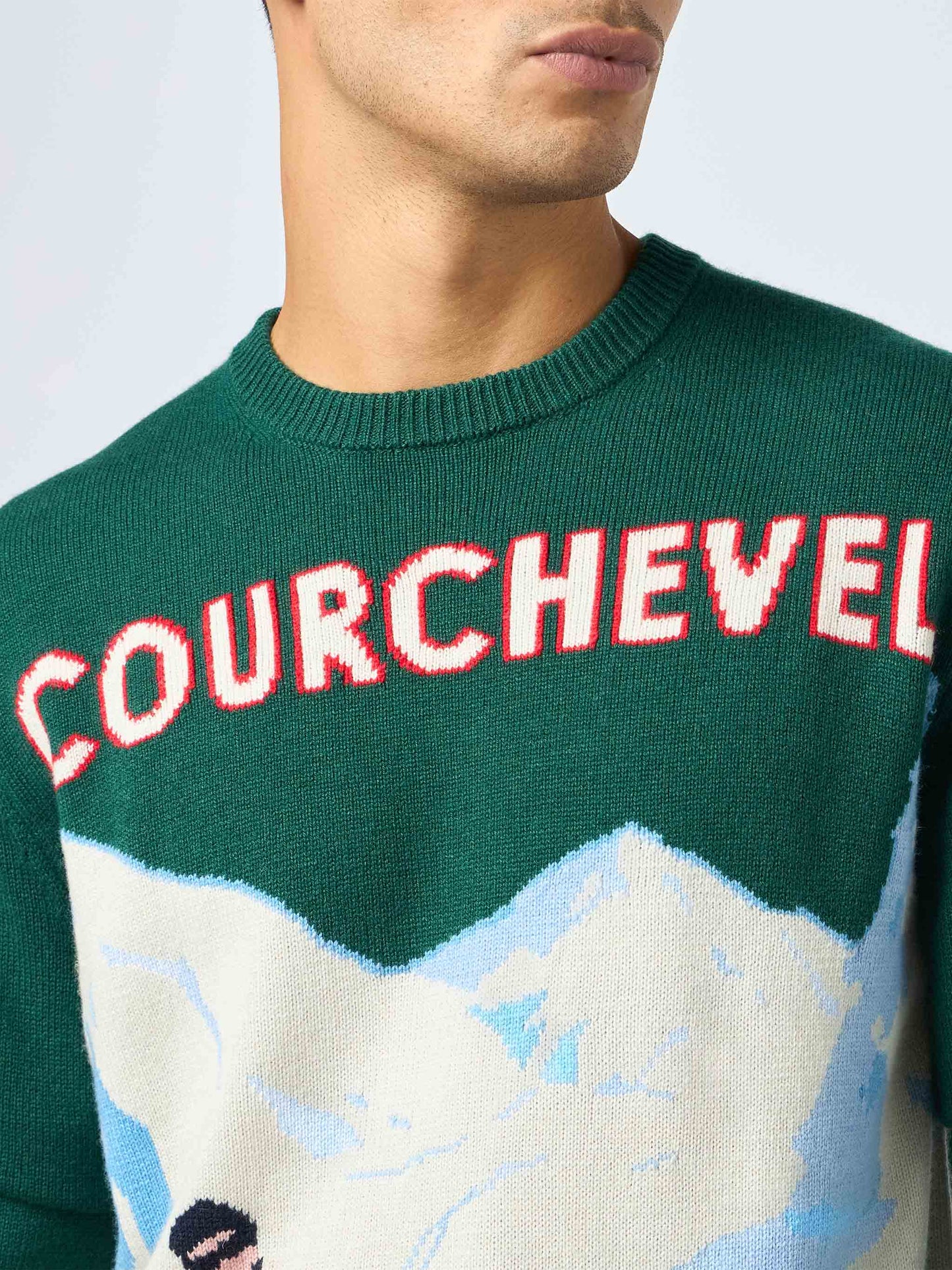 Man green sweater Heron with Courchevel skiers postcard print - MC2 Saint Barth