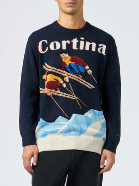 Man blue sweater Heron with Cortina ski postcard jacquard - MC2 Saint Barth