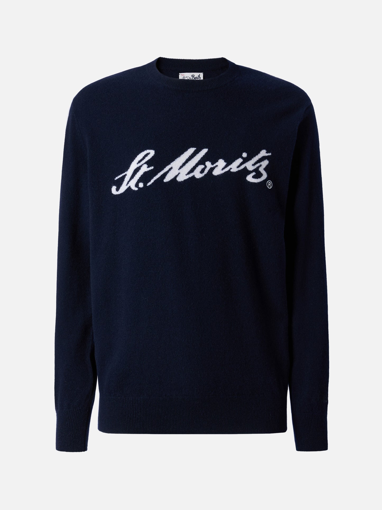 Heron Light sweater in 100% blue CASHMERE with St. Moritz intarsia | ST. MORITZ TOP OF THE WORLD