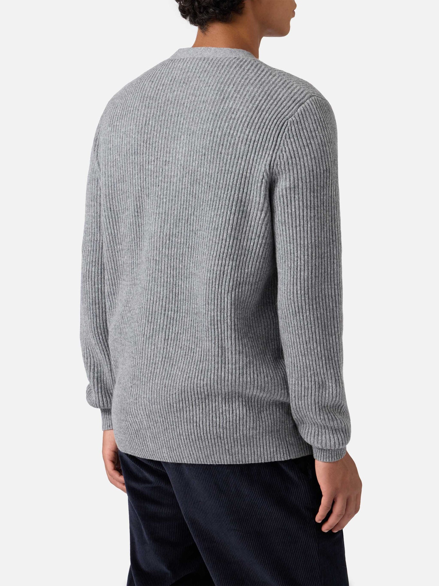 Cardigan Herrison in pura lana grigio melange a coste inglesi